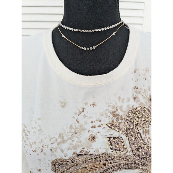 Additions By Chico Shirt Women Sz M/8 (1) Embroidery Gold Beads Fleur Blouse Top - Picture 2 of 10